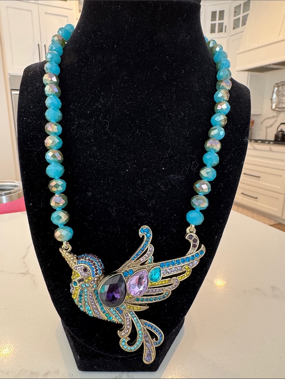 Teal Crystal Peacock Pendant Necklace - Designer Statement Jewelry